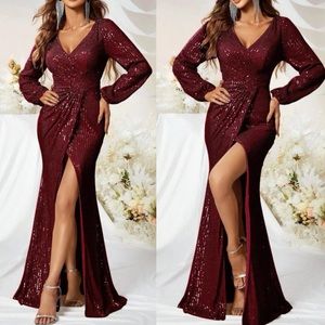 Luxe Burgundy party wrap sequins dress